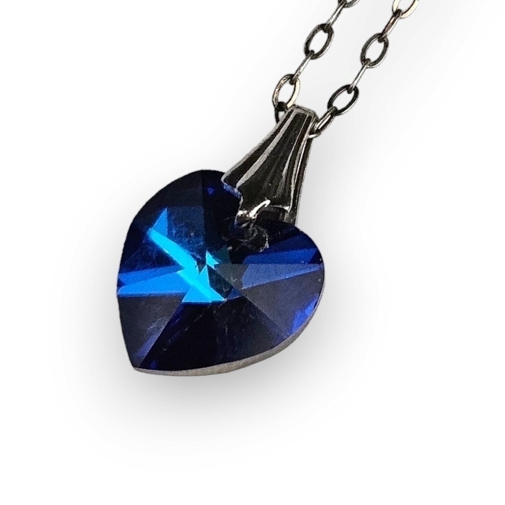 Vintage Heart Pendant Sterling Chain Necklace Faceted Deep Blue Glass 925 Silver